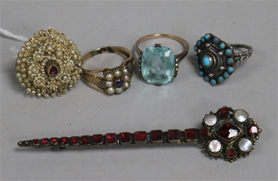 A 19th century yellow metal, pearl and amethyst ring, a seed pearl and ruby panel ring (made up) and three other items